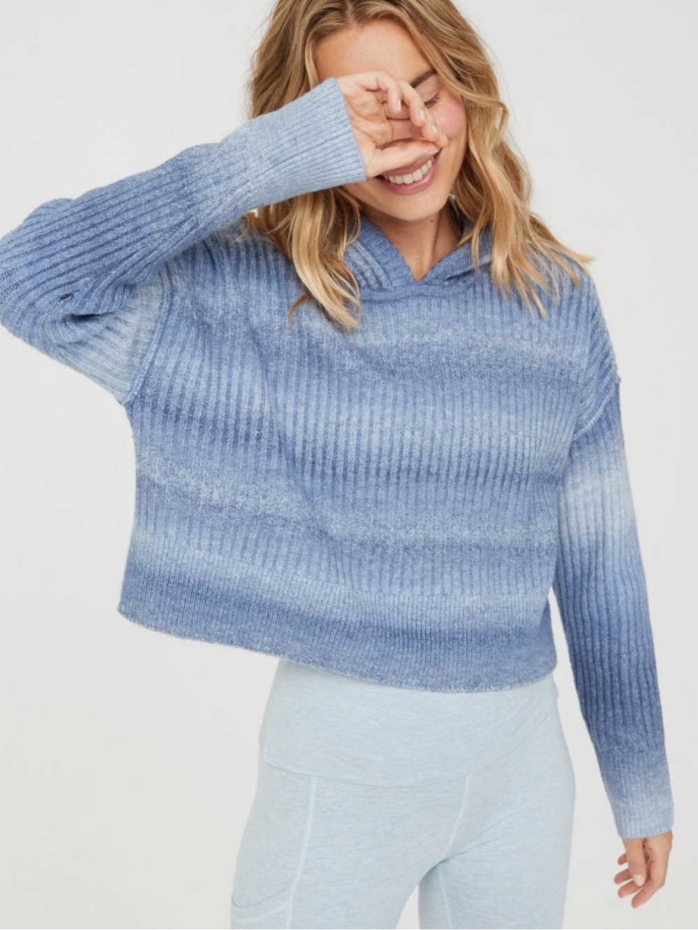 Aerie Offline Oversized Blue Ombre cropped Ribbed Hoodie Sweater